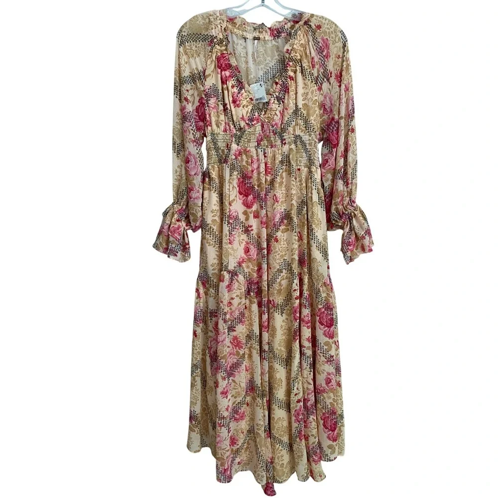 Free People Floral Maxi Dress Natural Combo V-Neck Smocked Waist Small OB2097030 - Picture 4 of 15
